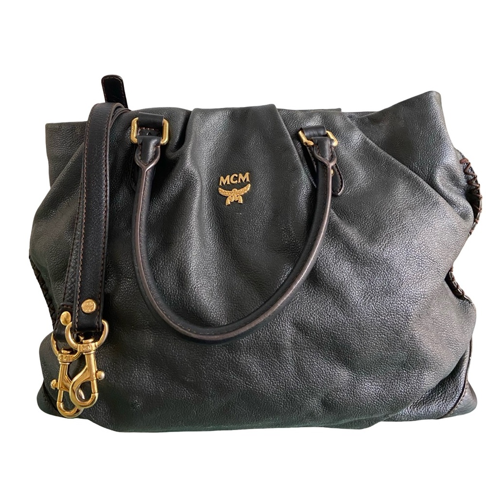 SOLD!!!   MCM Black Leather Satchel/Tote with Brown Stitching